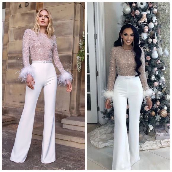 Nadine Merabi Amelia White Jumpsuit Embellished Beaded Feather Cuffs XS - Picture 1 of 14